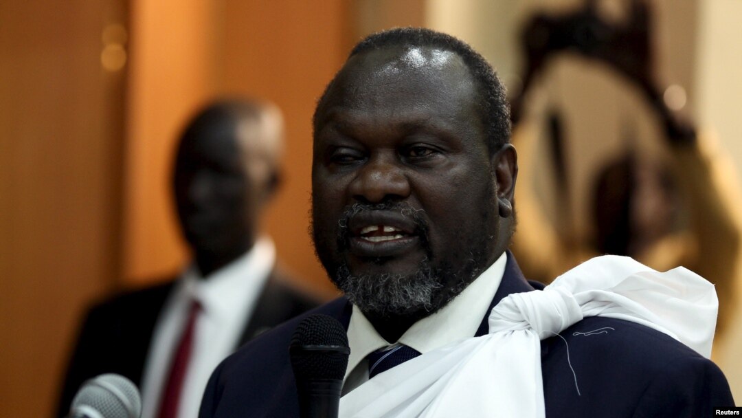 FILE - South Sudan's opposition leader Riek Machar speaks during a briefing ahead of his return to South Sudan as vice president, in Ethiopia's capital Addis Ababa, April 9, 2016. 