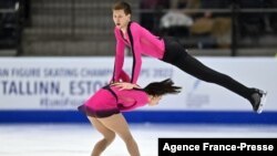 France&#39;s Camille Kovalev and Pavel Kovalev perform during the pair&#39;s short program of the European Figure Skating Championship 2022 in Tallinn, Estonia.