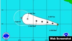 Primera depresión tropical de la temporada, frente a las costas de Manzanillo, México. [Mapa: Centro de Huracanes de Miami].