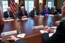 U.S. President Donald Trump, Vice President Mike Pence and Health, Human Services Secretary Alex Azar and members of the coronavirus task force meet with pharmaceutical executives in the Cabinet Room of the White House in Washington, March 2, 2020.