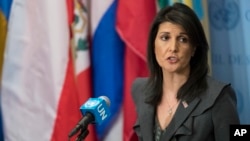 U.S. Ambassador to the United Nations Nikki Haley speaks to reporters, Jan. 2, 2018, at U.N. headquarters. She said the "civilized world" must remain vigilant against North Korean weapons development. "We will never accept a nuclear North Korea."