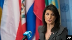 FILE - U.S. Ambassador to the United Nations Nikki Haley speaks to reporters, Jan. 2, 2018, at U.N. headquarters. She said the "civilized world" must remain vigilant against North Korean weapons development. "We will never accept a nuclear North Korea."