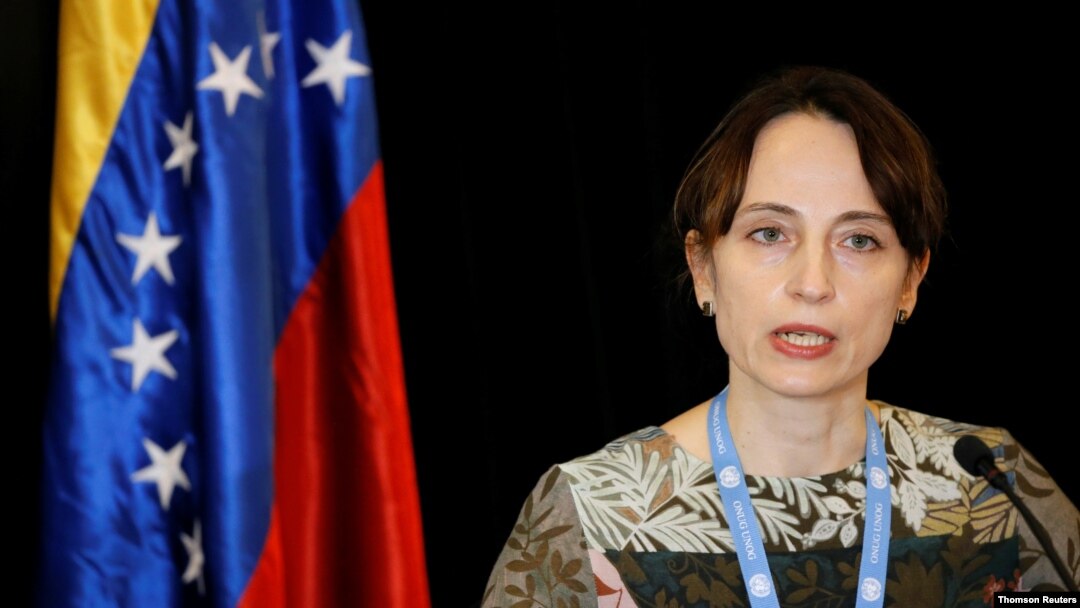 UN Special Rapporteur on Negative Impact of Unilateral Coercive Measures on Human Rights, Alena Douhan, speaks during a news conference in Caracas