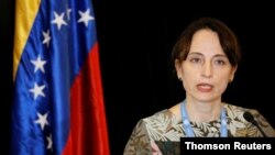 UN Special Rapporteur on Negative Impact of Unilateral Coercive Measures on Human Rights, Alena Douhan, speaks during a news conference in Caracas