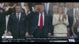 ادای احترام رهبران و مقامات رسمی آمریکا به سرود ملی با سلام نظامی در جشن ۲۵۰ سالگی ارتش در واشنگتن
