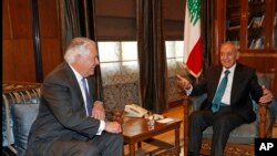 Lebanese Parliament Speaker Nabih Berri, right, meets with U.S. Secretary of State Rex Tillerson, left, at Berri's house, in Beirut, Lebanon, Thursday, Feb. 15, 2018. 