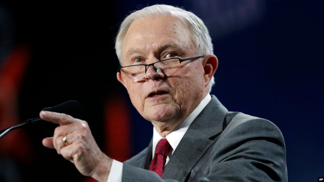 U.S. Attorney General Jeff Sessions makes a point during his speech at the Western Conservative Summit, June 8, 2018, in Denver. 