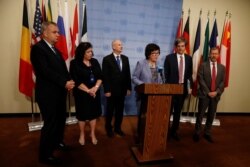 Joanna Wronecka, Polish Ambassador to the United Nations, speaks next to representatives from Germany, the United Kingdom, Estonia, France and Belgium after the U.N. Security Council briefings on the Iran nuclear deal, in New York, June 26, 2019.