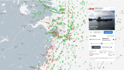 18일 중국 저장성 닝보-저우산 해역에서 봄산3호가 남하하는 모습이 포착됐다. 자료=MarineTraffic