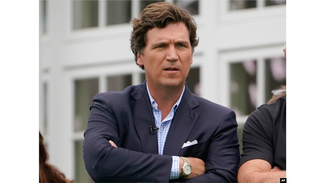 FILE - Tucker Carlson, shown here in Bedminster, N.J., on July 31, 2022, is one of the American commentators who figure prominently in Russian state-run media.