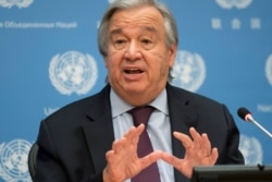 FILE - U.N. Secretary-General Antonio Guterres speaks during a news conference at U.N. headquarters in New York, Nov. 20, 2020.
