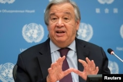 FILE - U.N. Secretary-General Antonio Guterres speaks during a news conference at U.N. headquarters in New York, Nov. 20, 2020.