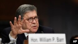 Attorney General William Barr testifies before the Senate Judiciary Committee on Capitol Hill in Washington, May 1, 2019. 