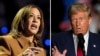 FILE - In a combo photo, Democratic presidential nominee Kamala Harris, left, speaks during a rally in Kalamazoo, Michigan, Oct. 26, 2024, and Republican presidential nominee Donald Trump speaks to supporters in Greensboro, North Carolina, Oct. 22, 2024.