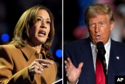 FILE - In a combo photo, Democratic presidential nominee Kamala Harris speaks during a rally in Kalamazoo, Michigan, Oct. 26, 2024, and Republican presidential nominee Donald Trump speaks to supporters in Greensboro, North Carolina, Oct. 22, 2024.