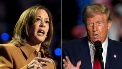 FILE - In a combo photo, Democratic presidential nominee Kamala Harris, left, speaks during a rally in Kalamazoo, Michigan, Oct. 26, 2024, and Republican presidential nominee Donald Trump speaks to supporters in Greensboro, North Carolina, Oct. 22, 2024.