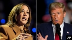 FILE - In a combo photo, Democratic presidential nominee Kamala Harris, left, speaks during a rally in Kalamazoo, Michigan, Oct. 26, 2024, and Republican presidential nominee Donald Trump speaks to supporters in Greensboro, North Carolina, Oct. 22, 2024.