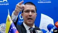 FILE - Venezuela's Foreign Minister Jorge Arreaza gives a news conference at the Organization of American States (OAS) in Washington, June 6, 2018.