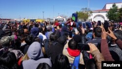 Employees of Autoliv Mexico EAST, the world's largest automotive safety supplier, listen to a lawyer as they strike in Matamoros, in the state of Tamaulipas, Mexico, Jan. 29, 2019. 