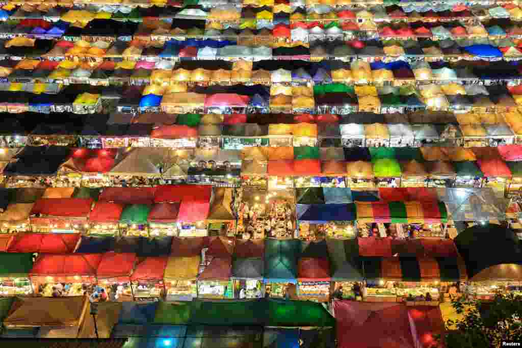 Ratchada Railway Night Market is seen during dusk in Bangkok, Thailand.