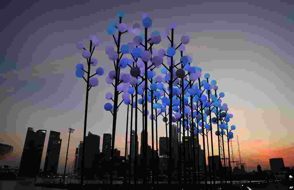 A light installation titled &quot;Digital Wattle&quot; which is an adaptation from Australia&#39;s floral emblem is illuminated with Singapore&#39;s financial skyline silhouetted in the background, in Singapore. 
