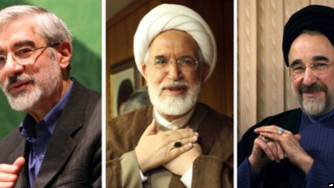 A combo of file pictures shows (L-R) defeated Iranian presidential candidate Mir Hossein Mousavi, reformist presidential candidate Mehdi Karroubi and former reformist president Mohammad Khatami (2009 file photo)