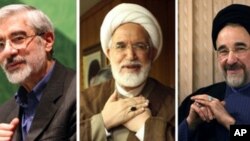 A combo of file pictures shows (L-R) defeated Iranian presidential candidate Mir Hossein Mousavi, reformist presidential candidate Mehdi Karroubi and former reformist president Mohammad Khatami (2009 file photo)
