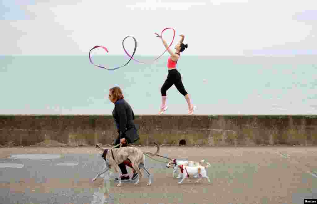 Team GB Rhythmic Gymnast Lynne Karina Hutchison is seen during a training session on the seafront in Hove, Britain.