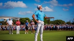 Elvis Smylie of Australia reacts after sinking his final putt to win the Australian PGA Championship at Royal Queensland Golf Club in Brisbane on Nov. 24, 2024. 