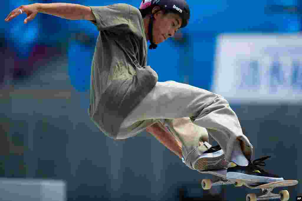 Japanese skateboarder Akira Tanaka performs in the park competition during a test event at the venue for the Olympic Games, which has been rescheduled to start in July, in Tokyo.