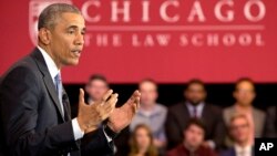 President Barack Obama speaks about his Supreme Court nominee Merrick Garland at the University of Chicago Law School in Chicago, April 7, 2016.