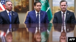 President Donald Trump's Middle East envoy Steve Witkoff, left, U.S. Secretary of State Marco Rubio, center, and White House national security adviser Mike Waltz sit during an interview after meeting with Russian officials in Riyadh, Saudi Arabia, Feb. 18, 2025.