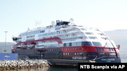 Norwegian cruise ship MS Roald Amundsen moored in Tromso, Norway, Aug. 3, 2020. Forty people, including four passengers and 26 crew members, on the Norwegian cruise ship tested positive for the coronavirus.
