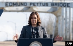 FILE —US Vice President Kamala Harris speaks at the Edmund Pettus Bridge during an event to commemorate the 59th anniversary of "Bloody Sunday" in Selma, Alabama, on March 3, 2024.