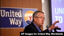 Brian A. Gallagher, president and CEO of United Way Worldwide, speaks at the United Way Human Trafficking Leadership Forum, Tuesday, June 23, 2015, in Alexandria, Va.