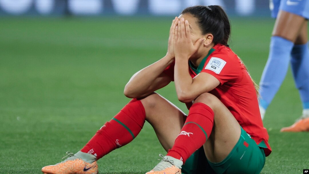Morocco's Sakina Ouzraoui reacts following the Women's World Cup last-16 soccer match between France and Morocco in Adelaide, Australia, on Aug. 8, 2023.