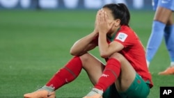 Morocco's Sakina Ouzraoui reacts following the Women's World Cup last-16 soccer match between France and Morocco in Adelaide, Australia, on Aug. 8, 2023.