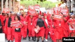 FILE: Members of the Economic Freedom Fighters (EFF) leave Cape Town City Hall after some members were kicked out and others walked out during the 2023 state-of-the-nation address (SONA) in Cape Town, South Africa on February 9, 2023.