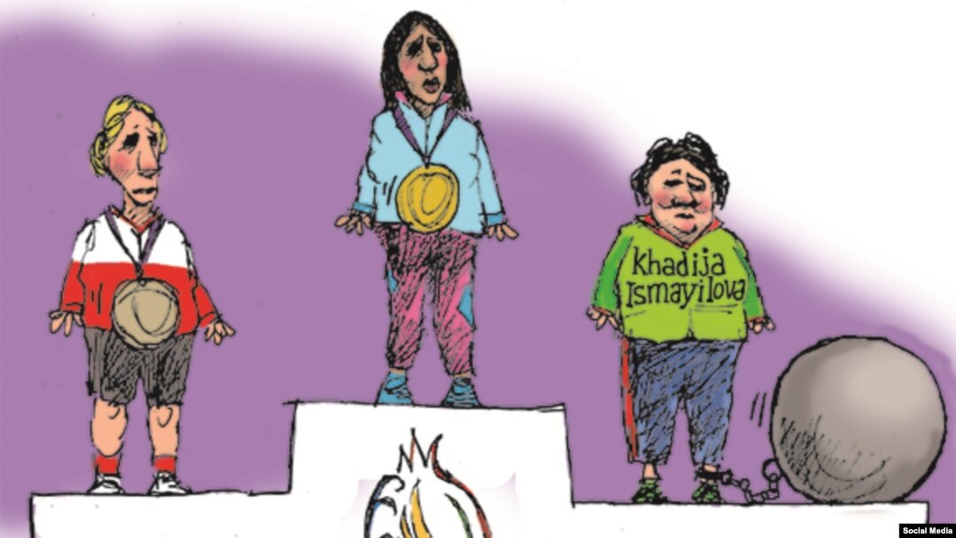 Karikaturada hukumatni tanqid qilgani uchun hozir hibsda saqlanayotgan jurnalist Xadicha Ismoilova tasvirlangan (rassom Mayk Lukovich).