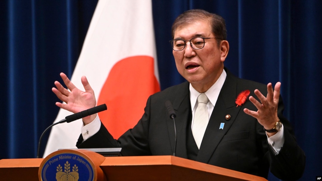 2024年10月1日，日本新首相石破茂在東京舉行的記者會上致詞。