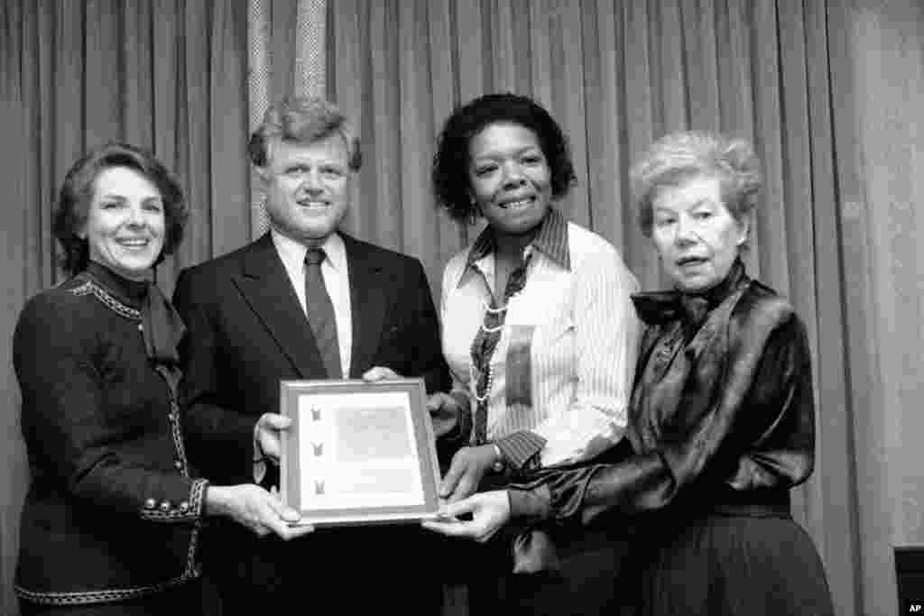 Sen. Edward M. Kennedy is shown with three of 1983&#39;s six women in the field of communications who received the Matrix Award from the New York Chapter of Women in Communications, Inc. From left: Jane Bryant Quinn, Maya Angelou and Mary McGrory.