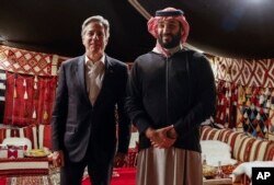 FILE - U.S. Secretary of State Antony Blinken meets with Saudi Crown Prince Mohammed bin Salman during his week-long trip aimed at calming tensions across the Middle East, in Al Ula, Saudi Arabia, January 8, 2024.