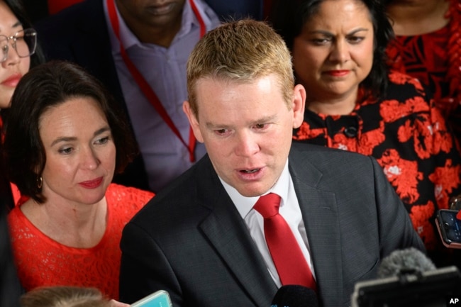 New Zealand Prime Minister Chris Hipkins speaks to media after conceding in Wellington, on Oct. 14, 2023, following a general election loss.