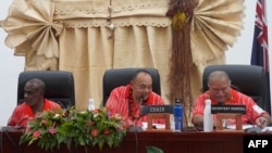 Solomon Islands Prime Minister Jeremiah Manele, Tongan Prime Minister Hu'akavameiliku and Pacific Islands Forum Secretary General Baron Waqa lead a meeting on Aug. 30, 2024, in Nuku'alofa, Tonga. The PFI rebuffed moves led by China ally Solomon Islands to sideline Taiwan.