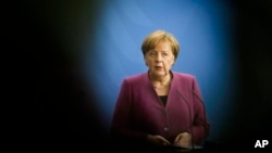 German Chancellor Angela Merkel is seen at the chancellery in Berlin, April 25, 2018. Merkel will be in Washington for a one-day working visit Friday.