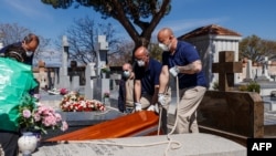 Mortuary employees wearing face masks bury the coffin of a COVID-19 coronavirus victim at Fuencarral cemetery in Madrid, March 29, 2020.