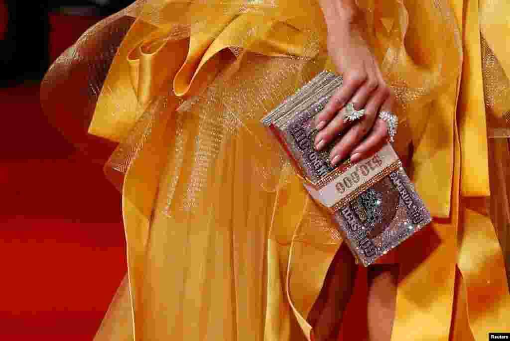 The purse of cast member Jennifer Lopez is seen as she arrives for the gala presentation of Hustlers at the Toronto International Film Festival (TIFF) in Toronto, Ontario, Canada, Sept. 7, 2019.