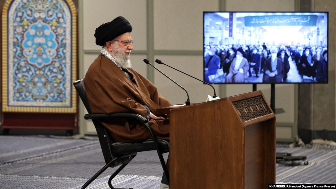 Iran's Supreme Leader Ayatollah Ali Khamenei adresses a crowd via videoconference in the capital Tehran, Jan. 9, 2022.
