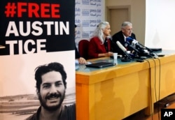 FILE - Marc and Debra Tice, the parents of Austin Tice, who is missing in Syria for nearly six years, speak during a press conference, at the Press Club, in Beirut, Lebanon, Dec. 4, 2018.