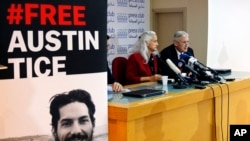 (FILE) Marc and Debra Tice, the parents of Austin Tice, the longest-held American journalist in history, speak during a press conference, in Beirut, Lebanon, Tuesday, Dec. 4, 2018.